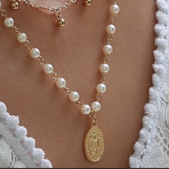 Jewelry - Gold Layered Pearl Oval Religious Medal Necklace